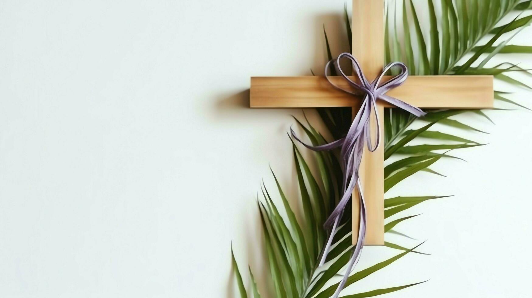 A christian wooden cross crucifix sign with green palm leaves as religious holiday. Palm sunday event concept by AI Generated photo