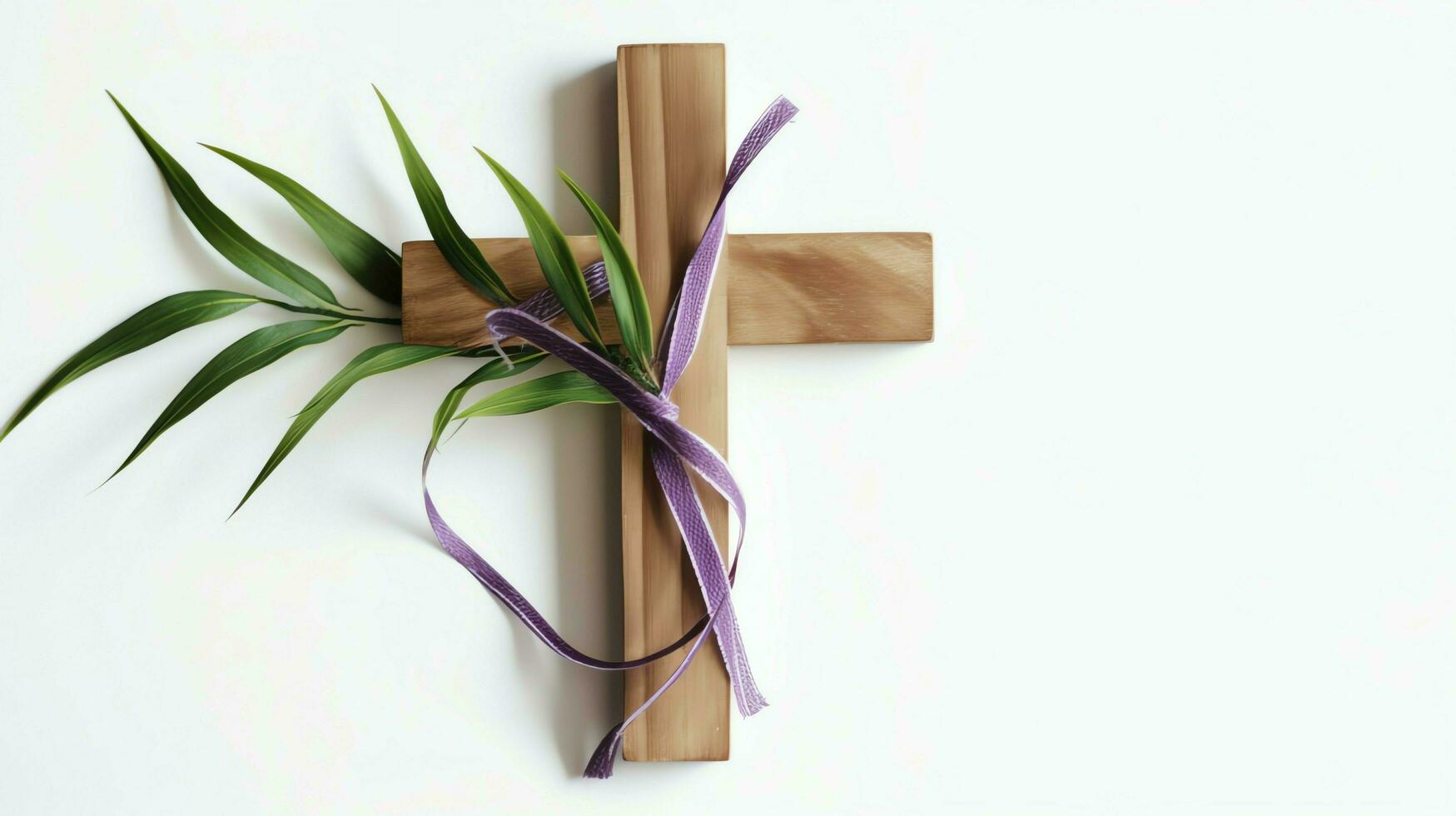 A christian wooden cross crucifix sign with green palm leaves as religious holiday. Palm sunday event concept by AI Generated photo