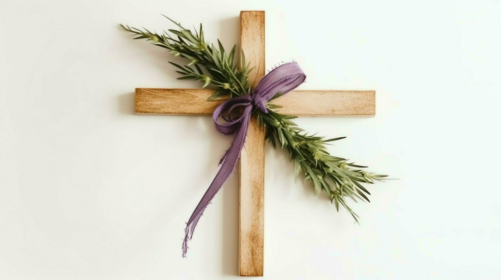 A christian wooden cross crucifix sign with green palm leaves as religious holiday. Palm sunday event concept by AI Generated photo