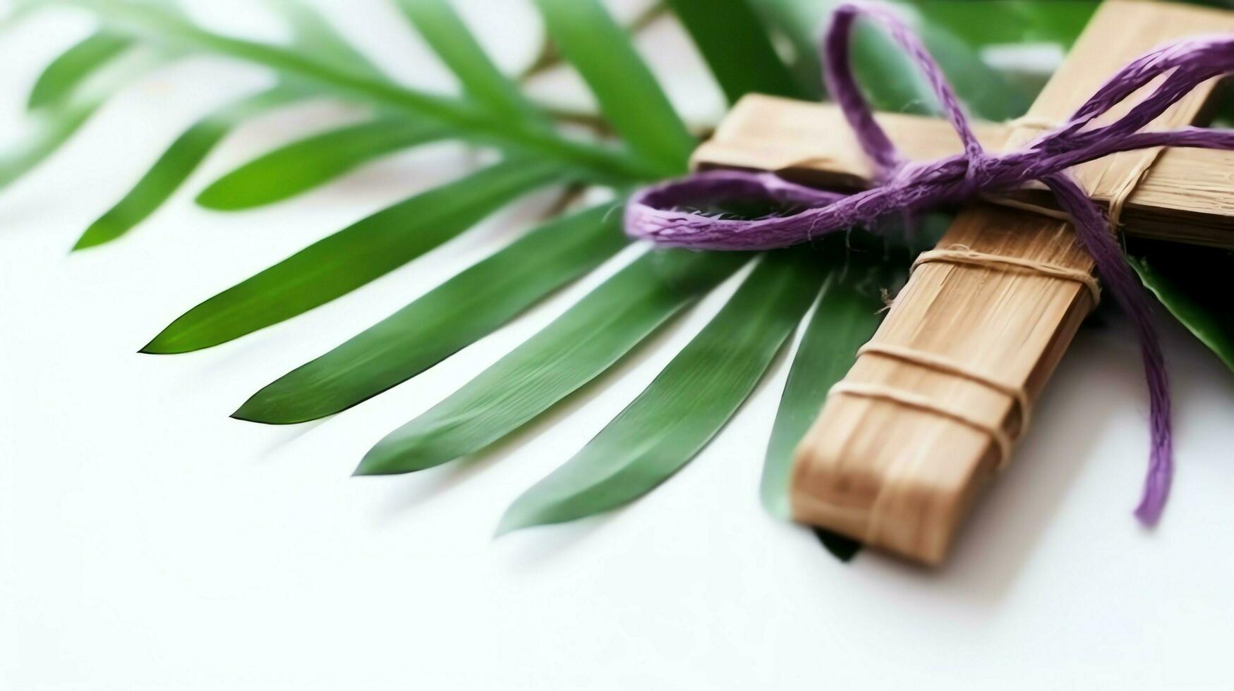 A christian wooden cross crucifix sign with green palm leaves as religious holiday. Palm sunday event concept by AI Generated photo