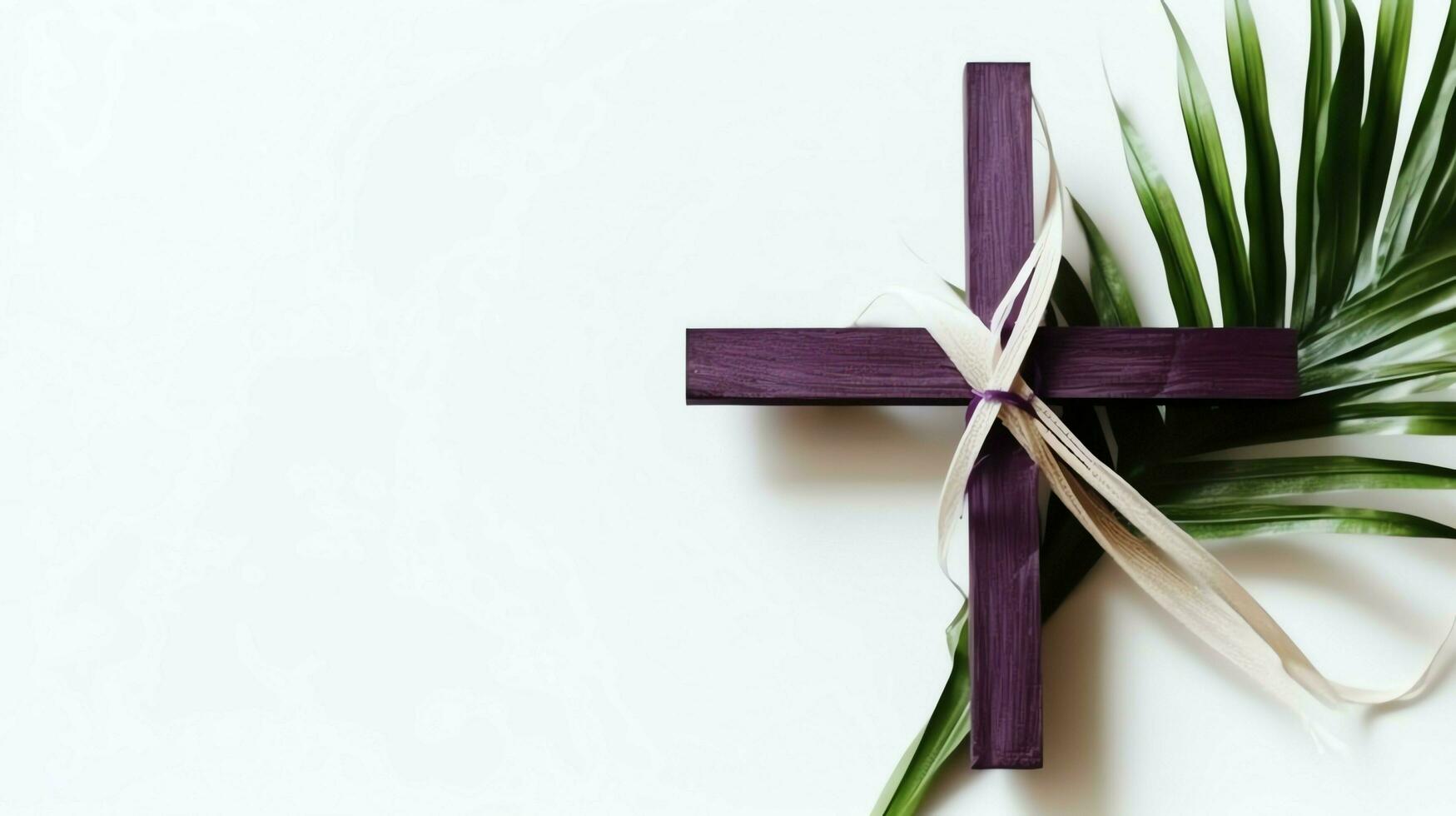 A christian wooden cross crucifix sign with green palm leaves as religious holiday. Palm sunday event concept by AI Generated photo