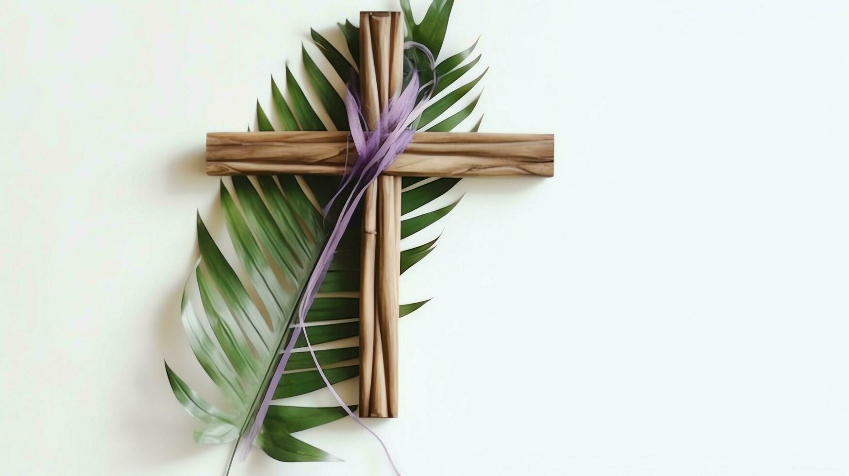 A christian wooden cross crucifix sign with green palm leaves as religious holiday. Palm sunday event concept by AI Generated photo