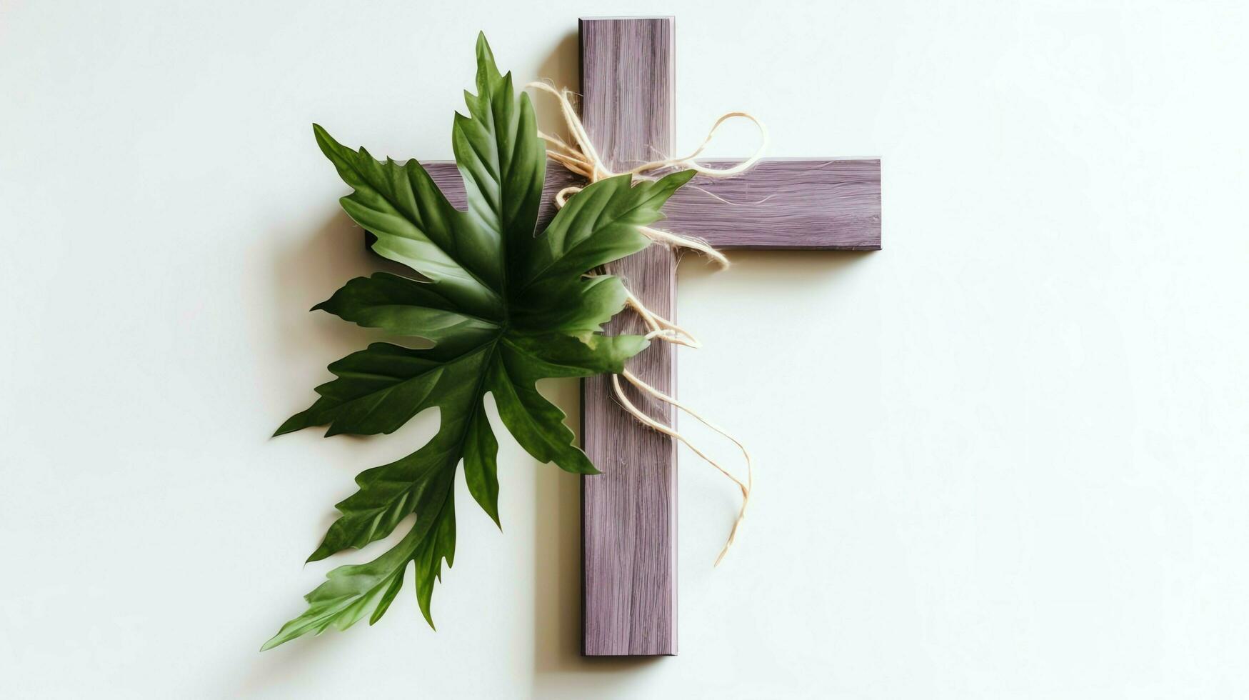 A christian wooden cross crucifix sign with green palm leaves as religious holiday. Palm sunday event concept by AI Generated photo