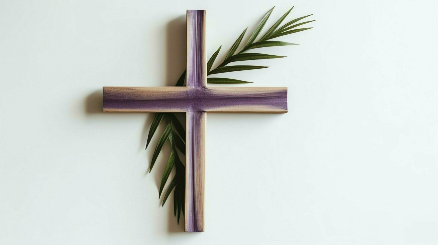 A christian wooden cross crucifix sign with green palm leaves as religious holiday. Palm sunday event concept by AI Generated photo