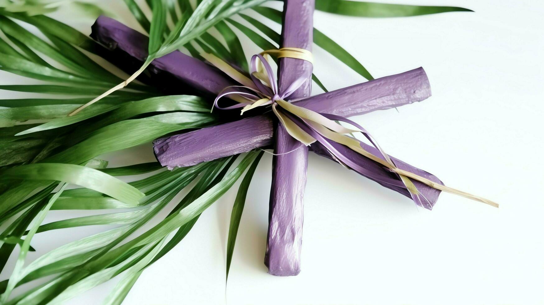 A christian wooden cross crucifix sign with green palm leaves as religious holiday. Palm sunday event concept by AI Generated photo