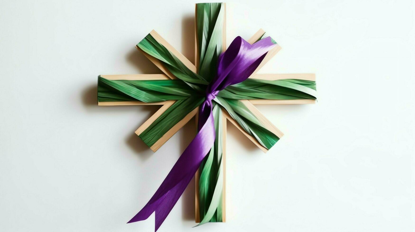 A christian wooden cross crucifix sign with green palm leaves as religious holiday. Palm sunday event concept by AI Generated photo