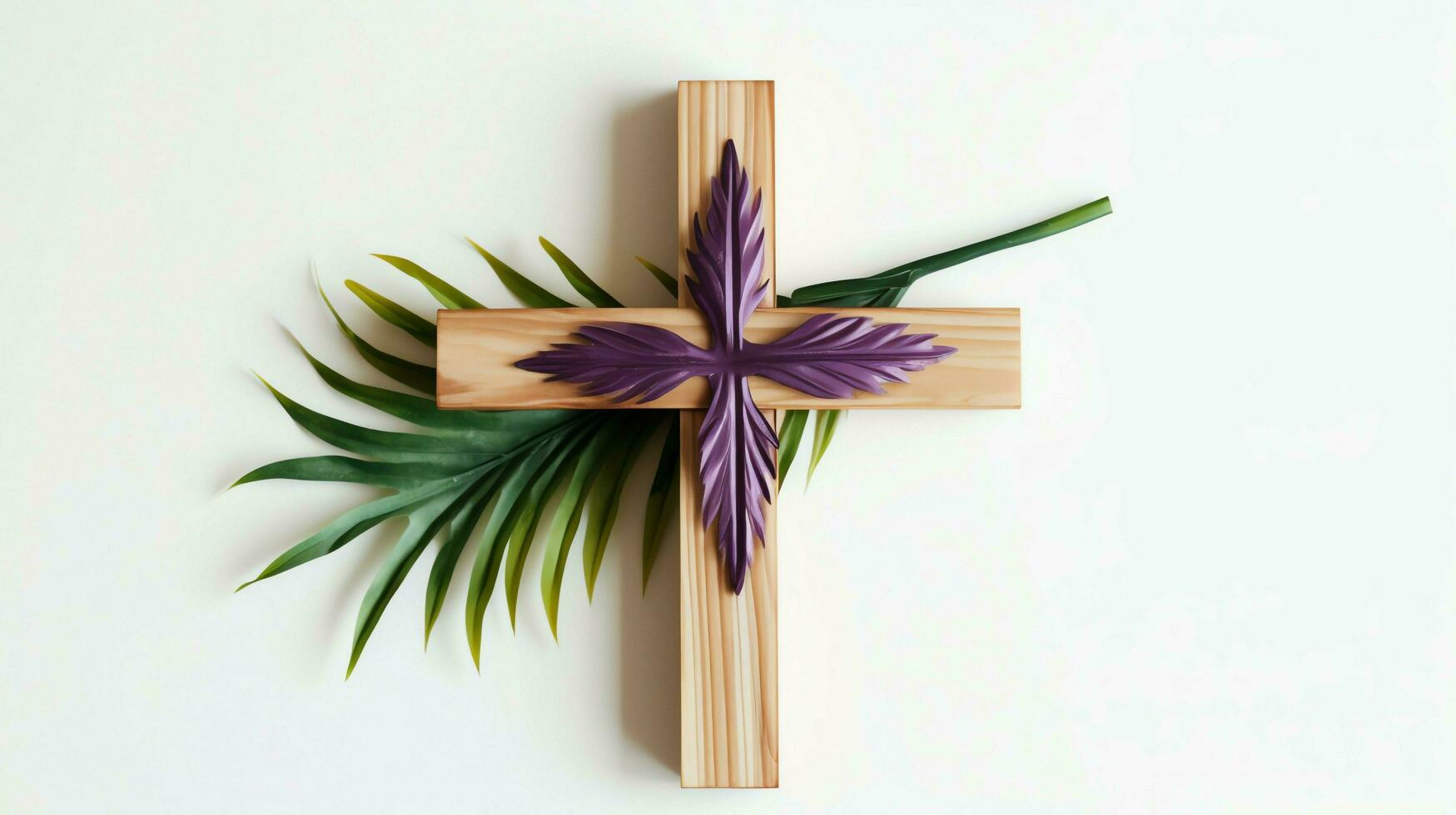 un cristiano de madera cruzar crucifijo firmar con verde palma hojas como religioso día festivo. palma domingo evento concepto por ai generado foto