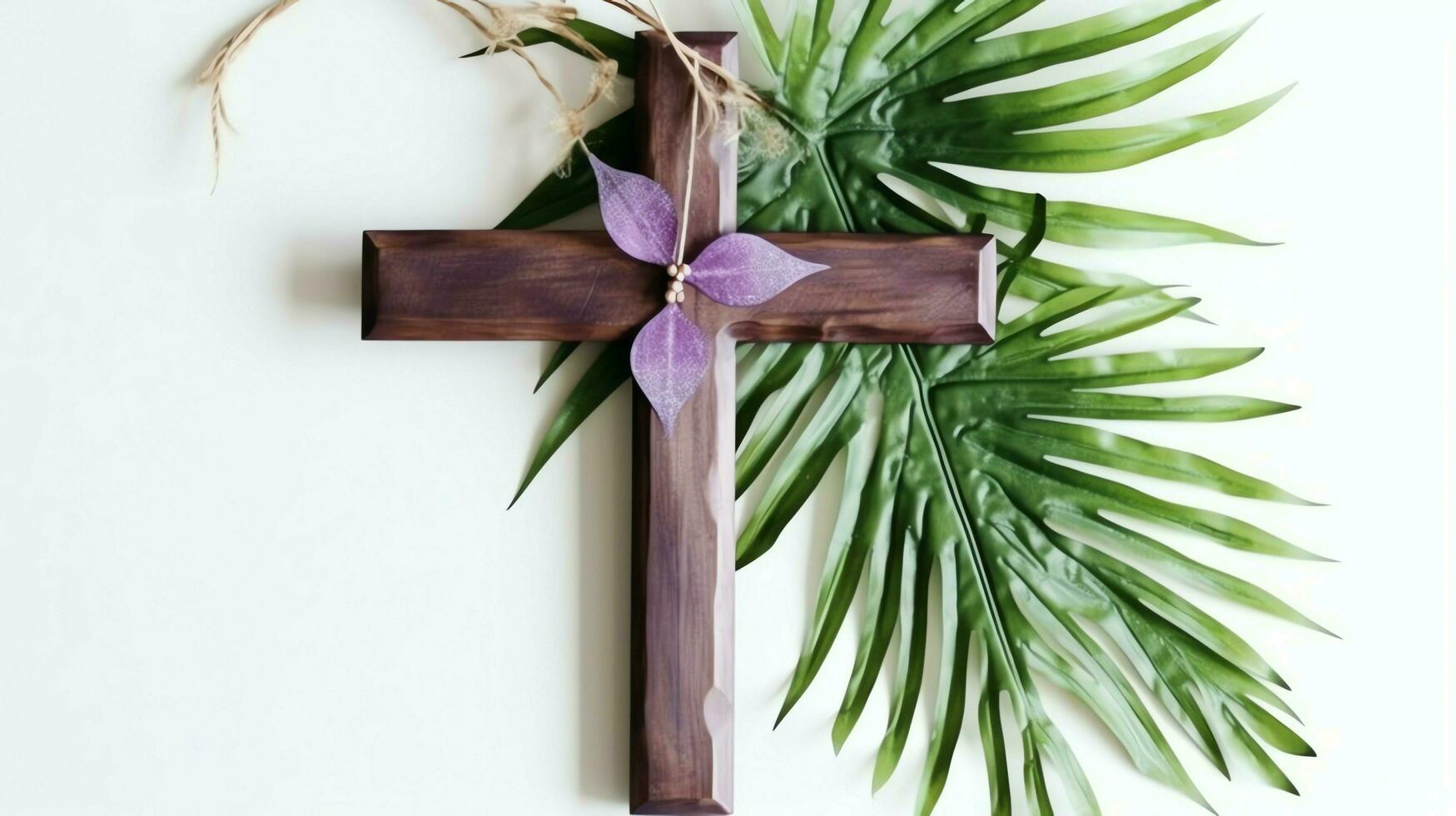 A christian wooden cross crucifix sign with green palm leaves as religious holiday. Palm sunday event concept by AI Generated photo