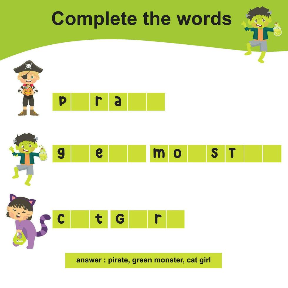 Complete the words worksheet. Write missing letters and complete words. Writing Halloween things sheet with children. Writing activity. vector