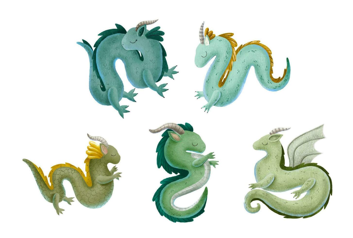 conjunto de verde dragones con bocina, patas y orejas de hada cuentos. de miedo criaturas, chino verde nuevo año personaje, caracteres para juegos. dibujos animados estilo ilustración. aislado en blanco antecedentes vector