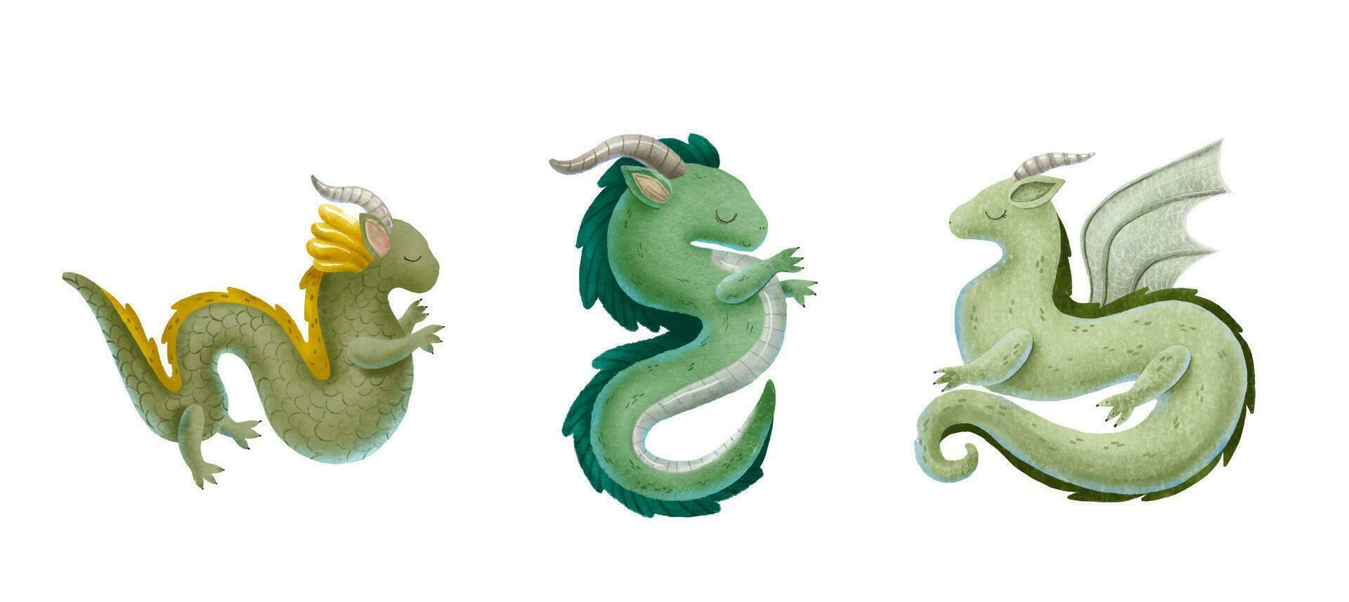 Set of green dragons with horn, paws and ears of fairy tales. Scary creatures, chinese green new year character, characters for games. Cartoon style illustration. Isolated on white background vector