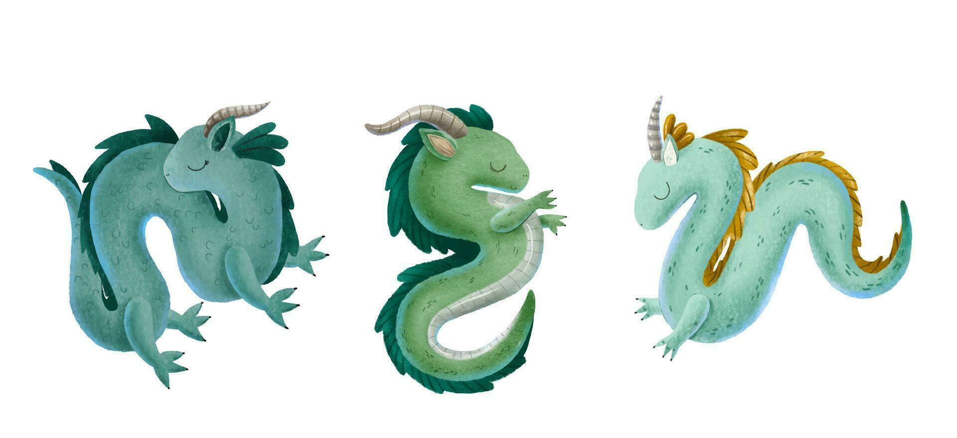 Set of green dragons with horn, paws and ears of fairy tales. Scary creatures, chinese green new year character, characters for games. Cartoon style illustration. Isolated on white background vector