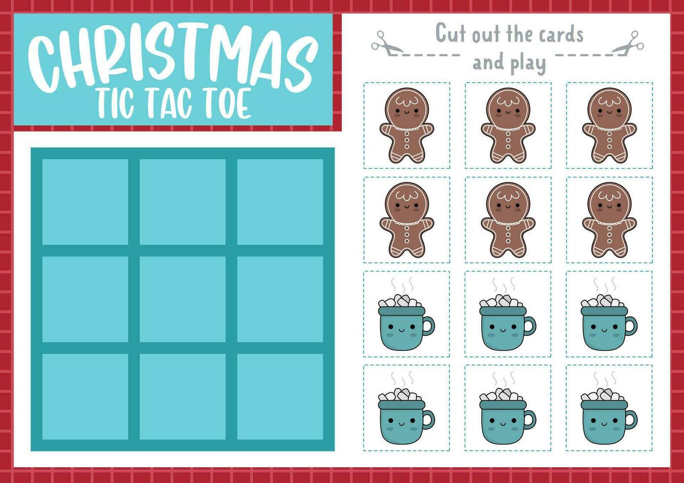 Vector Christmas tic tac toe chart with gingerbread and hot cacao. New Year board game playing field with cute kawaii characters. Funny winter holiday printable worksheet. Noughts and crosses grid