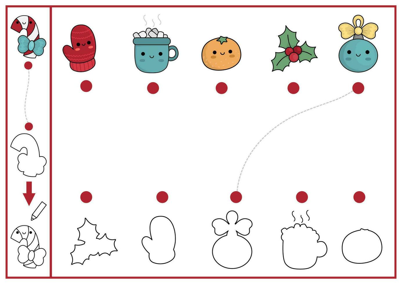 Christmas shape matching, coloring and drawing activity. Winter holiday puzzle with cute kawaii mitten, orange. Find correct silhouette printable worksheet. New Year page for kids vector