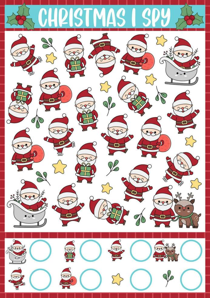 Christmas I spy game for kids. Searching and counting activity with cute kawaii holiday symbols. Winter printable worksheet for preschool children. Simple New Year spotting puzzle with Santa Claus vector