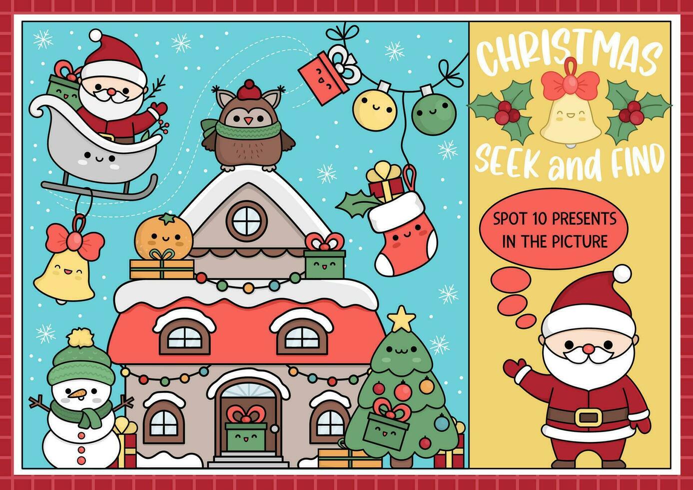 Vector Christmas searching game with decorated house and kawaii characters. Spot hidden presents in the picture. Simple winter holiday seek and find page or New Year printable activity