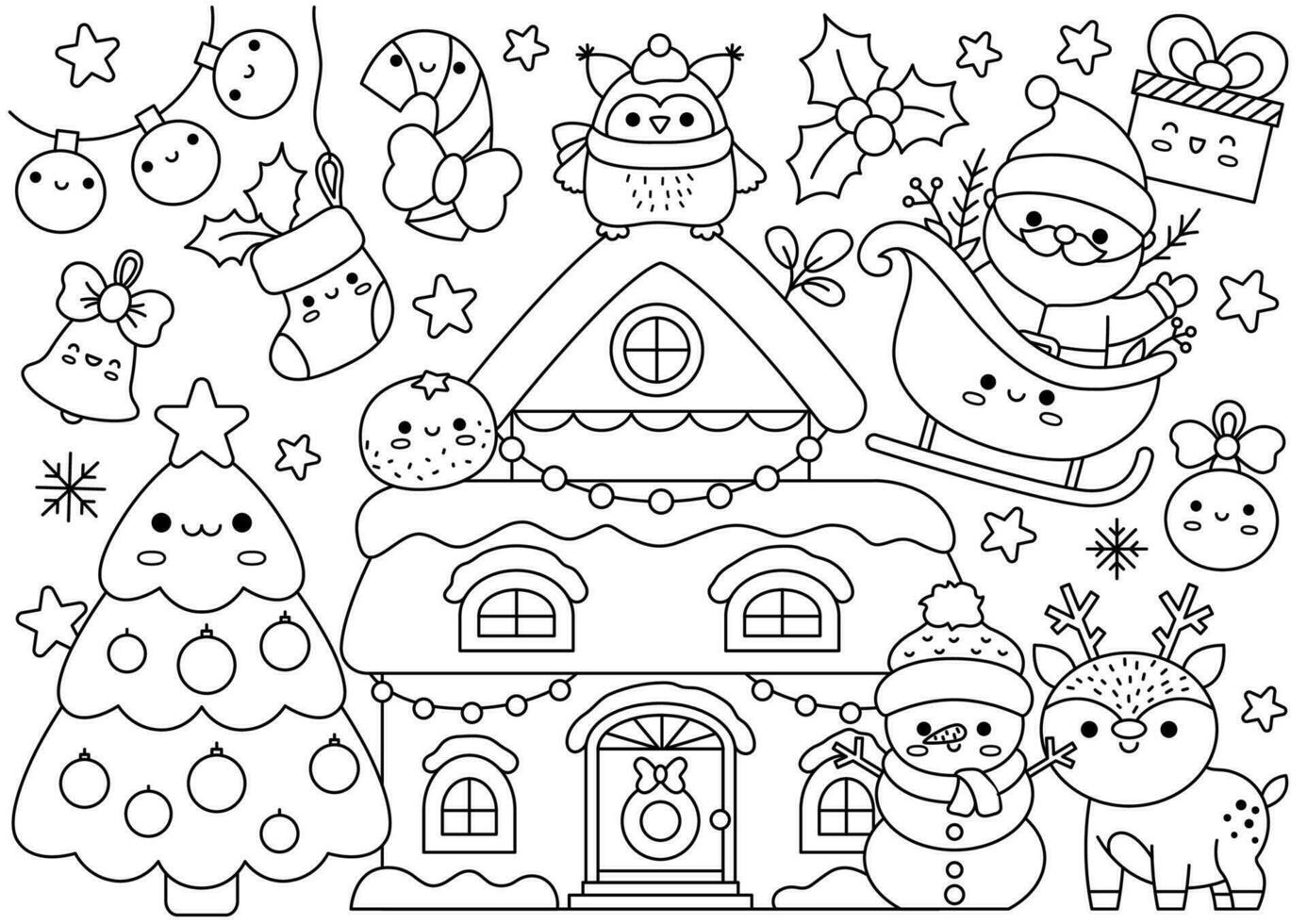 Vector Christmas horizontal line coloring page for kids with cute kawaii characters. Black and white winter holiday illustration with house, snowman, Santa Claus. Funny searching poster