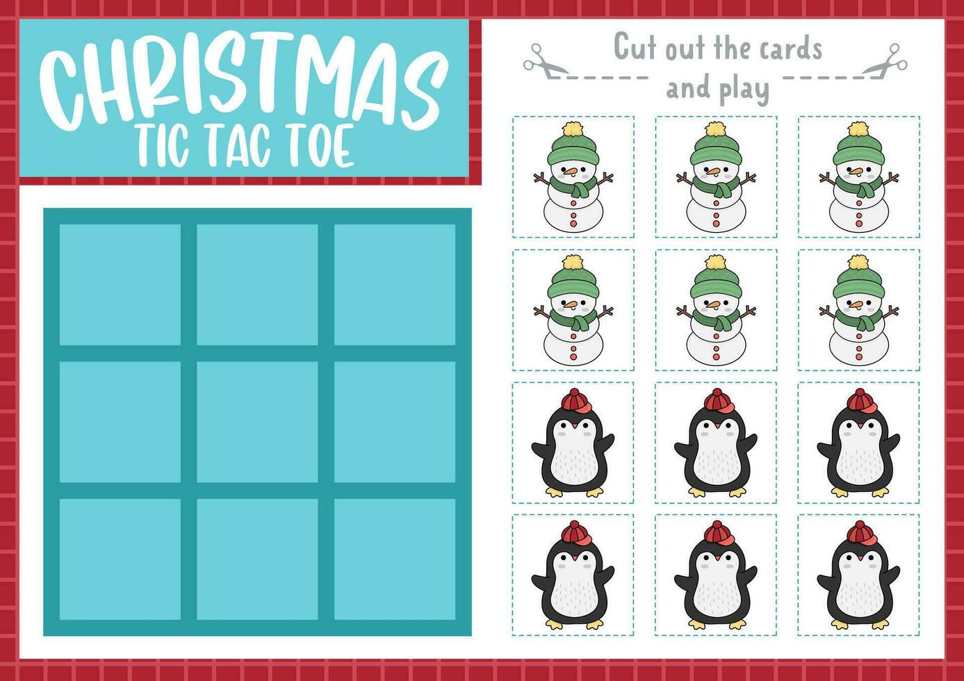 vector Navidad tic tac dedo del pie gráfico con monigote de nieve y pingüino. nuevo año tablero juego jugando campo con linda kawaii caracteres. gracioso invierno fiesta imprimible hoja de cálculo. ceros y cruces cuadrícula