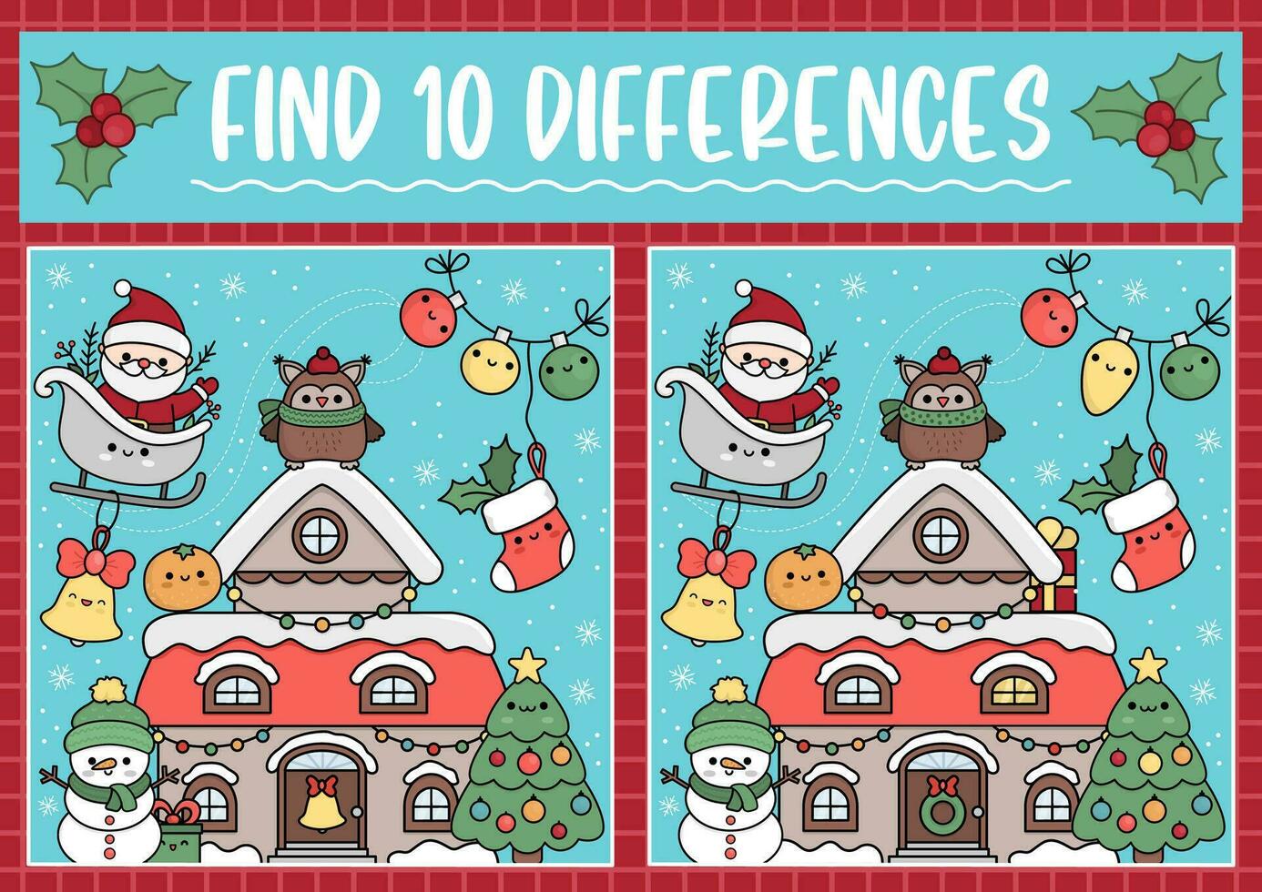 Christmas find differences game for children. Attention skills activity with cute Santa Claus, house, tree, snowman. New Year puzzle for kids with funny characters. Printable worksheet vector