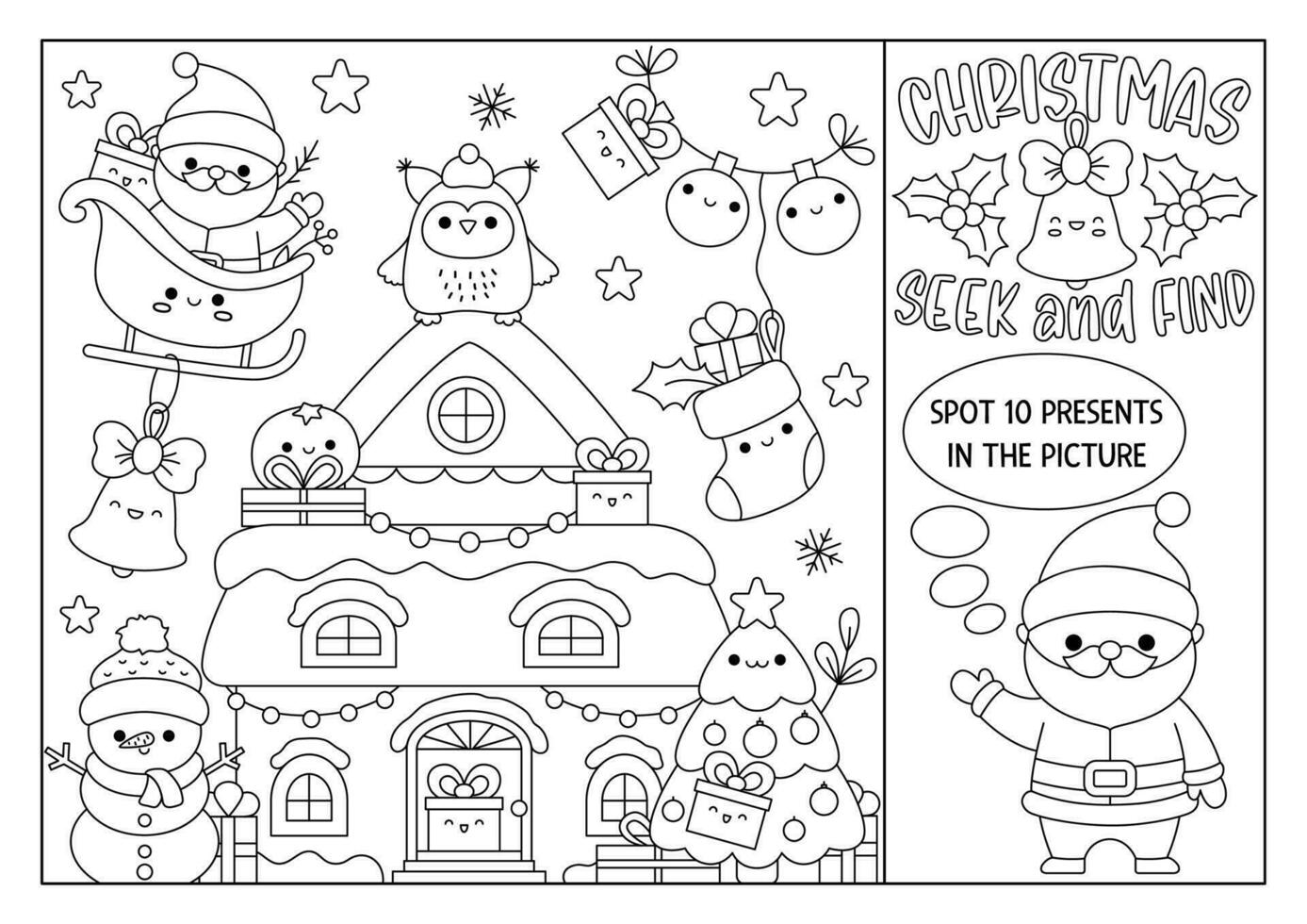Vector Christmas black and white searching line game with decorated house and kawaii characters. Spot hidden presents in the picture. Simple winter holiday seek and find coloring page