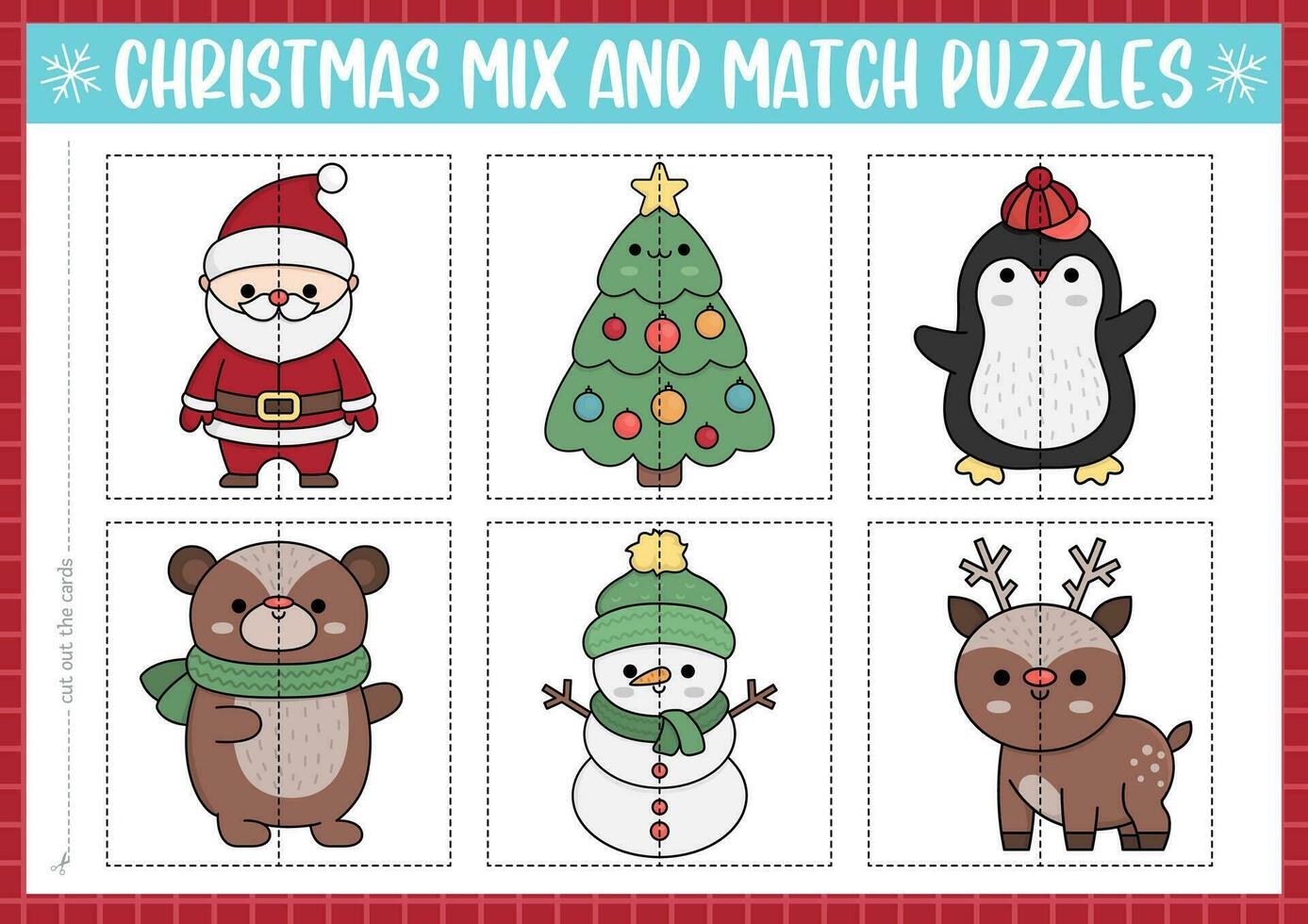 Vector Christmas mix and match puzzle with cute kawaii characters. Matching New Year party activity for preschool kids. Educational winter holiday game with Santa Claus, tree, penguin, deer