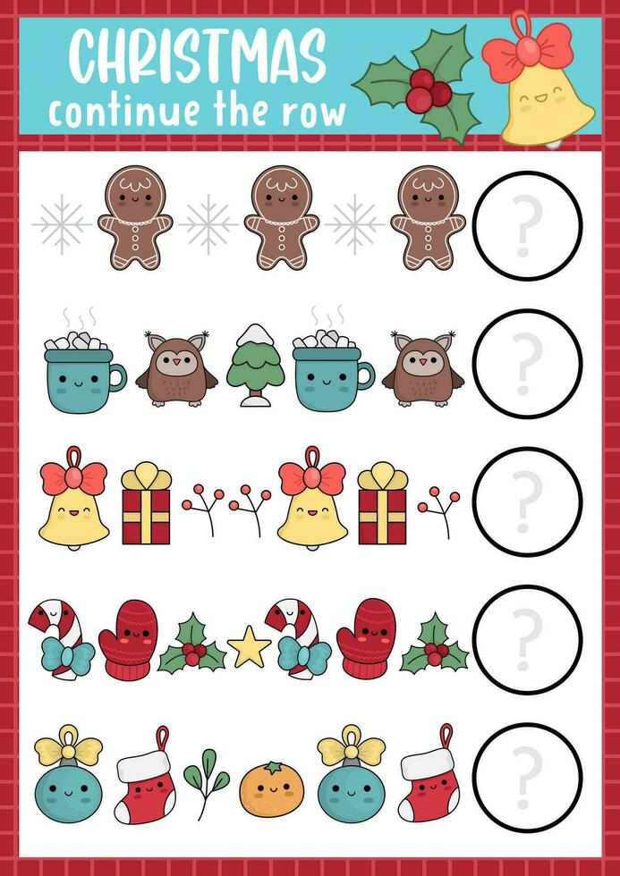 What comes next. Christmas matching activity for preschool children with traditional holiday symbols. Funny kawaii puzzle. Winter New Year party logical worksheet. Continue the row game vector