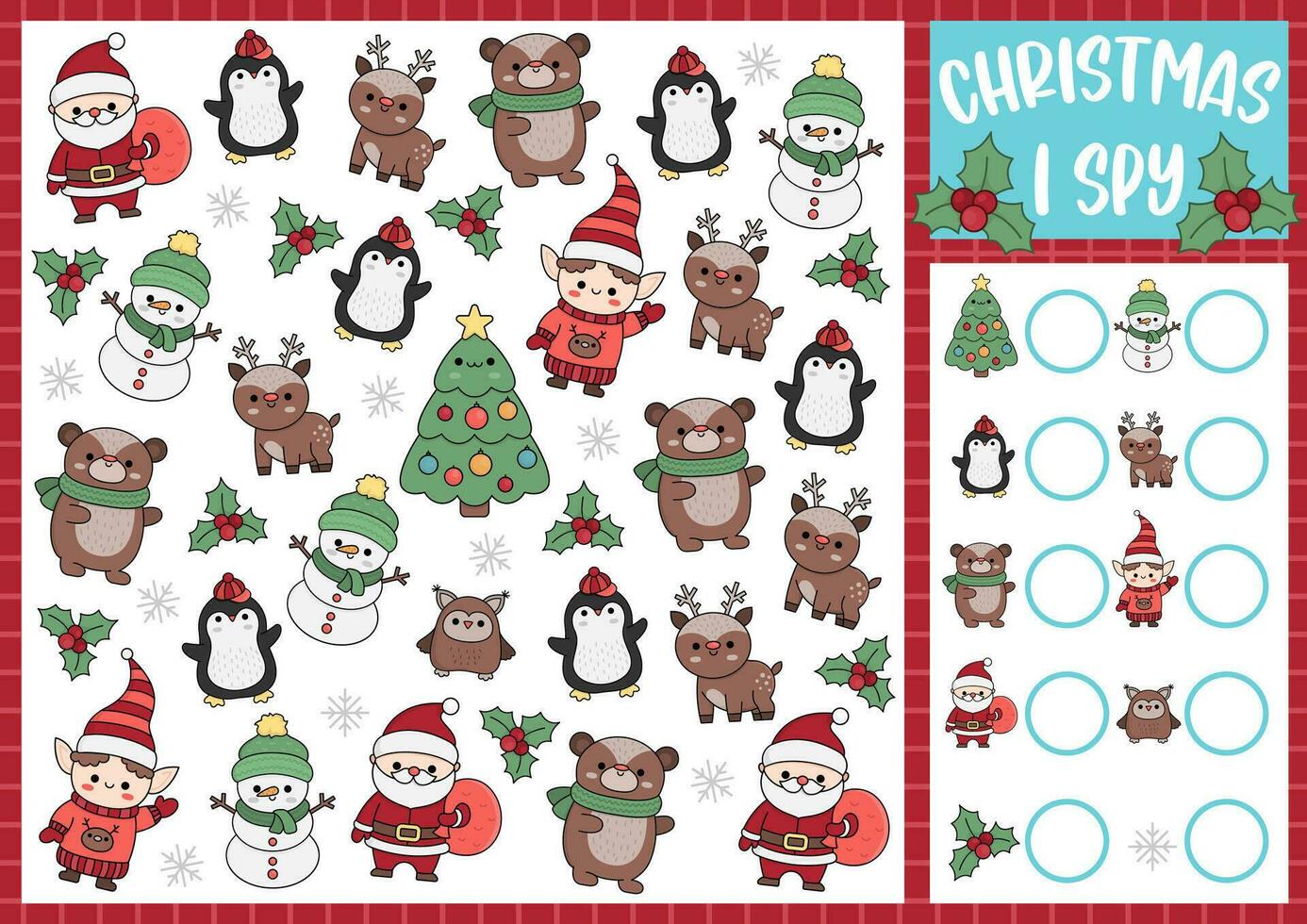 Christmas I spy game for kids. Searching and counting activity with cute kawaii holiday symbols. Winter printable worksheet for preschool children. Simple New Year spotting puzzle with fir tree vector