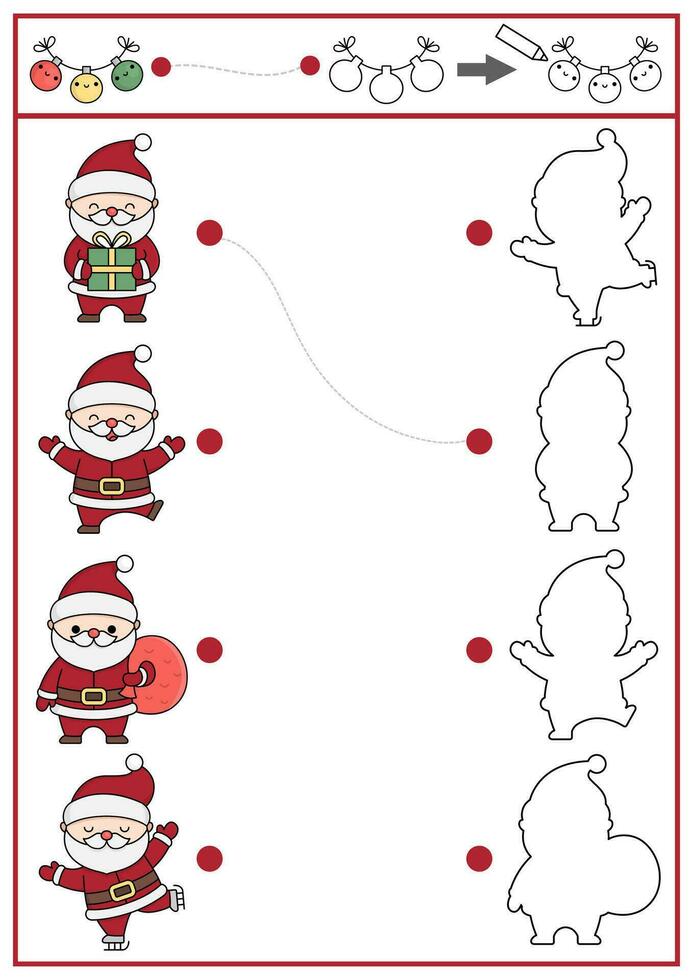 Christmas shape matching, coloring and drawing activity. Winter holiday puzzle with cute kawaii Santa Claus. Find correct silhouette printable worksheet. New Year page for kids with Saint Nicolas vector