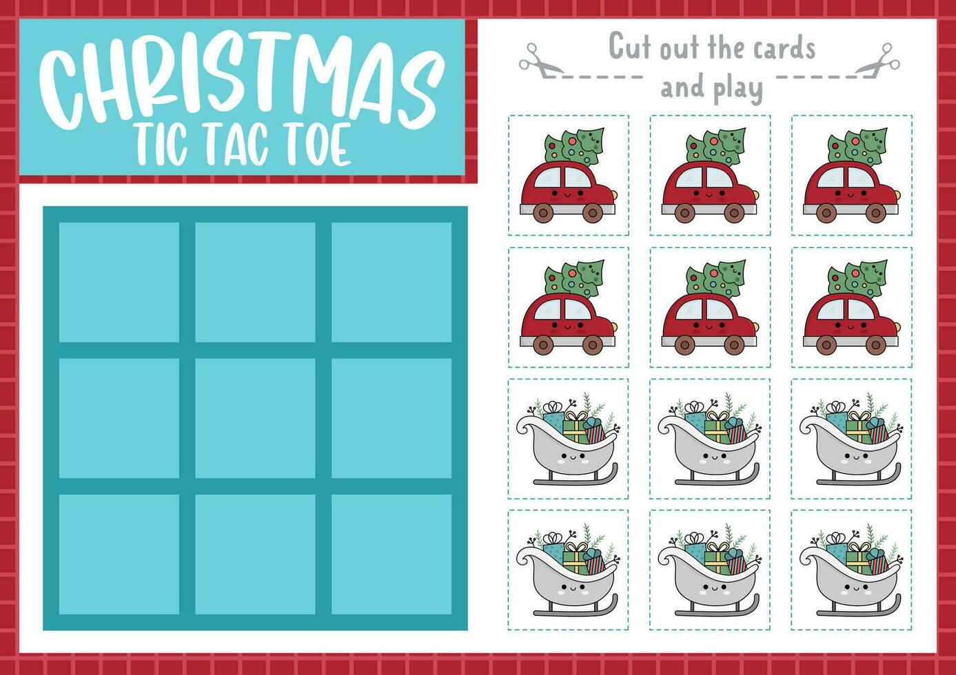 Vector Christmas tic tac toe chart with sledge, car, fir tree. New Year board game playing field with cute kawaii characters. Funny winter holiday printable worksheet. Noughts and crosses grid