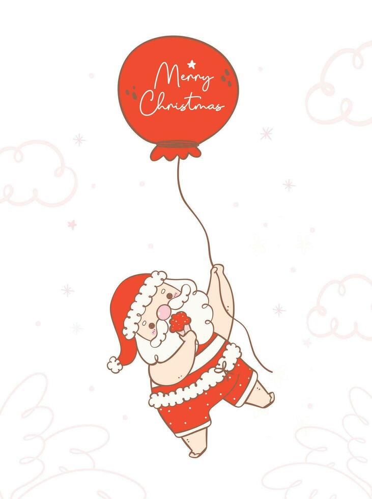 linda verano Navidad Papa Noel claus con globo, kawaii verano Navidad fiesta dibujos animados garabato. saludo tarjeta. vector