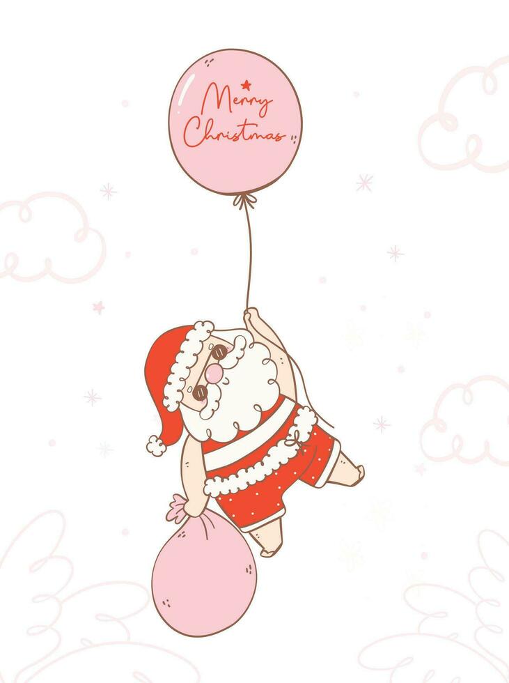 Cute summer christmas santa claus with balloon and sack, Kawaii Summer Christmas Holiday Cartoon doodl. greeting card. vector