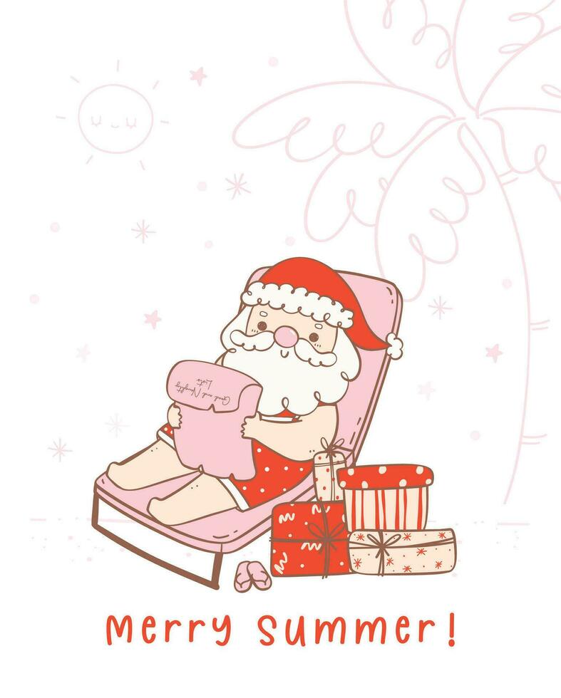 Cute summer christmas santa claus sunbathing. Kawaii Summer Christmas Holiday Cartoon doodle. vector