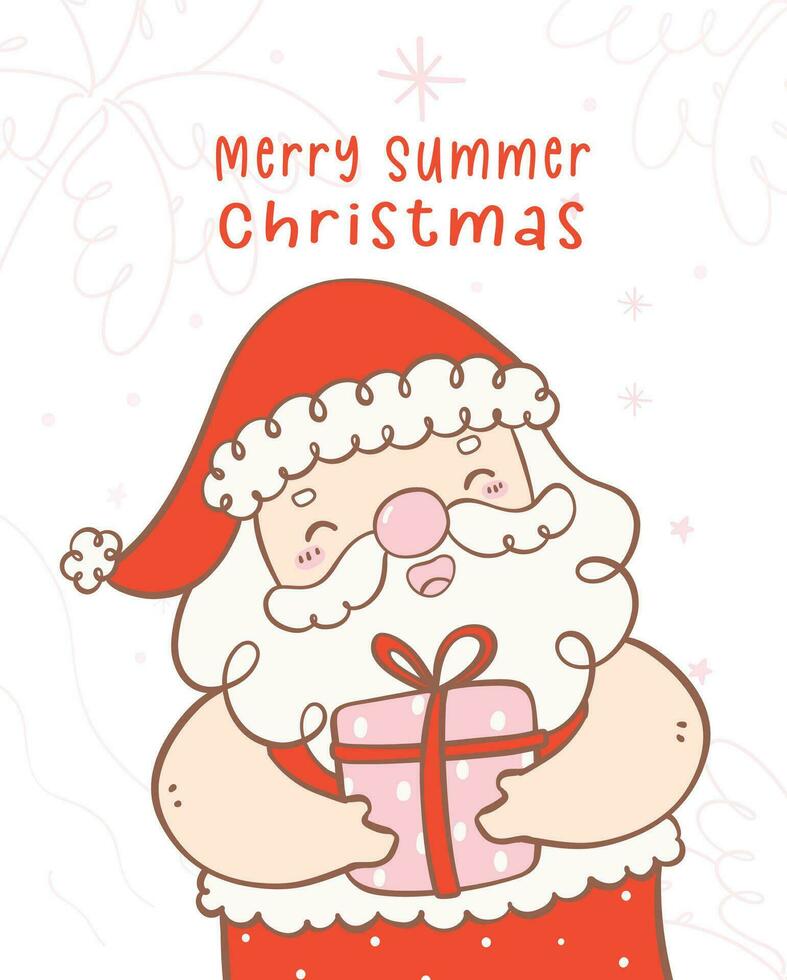 Cute summer christmas santa claus with gift wit hear warming smile. Kawaii Summer Christmas Holiday Cartoon doodle. Chirstmas greeting card vector