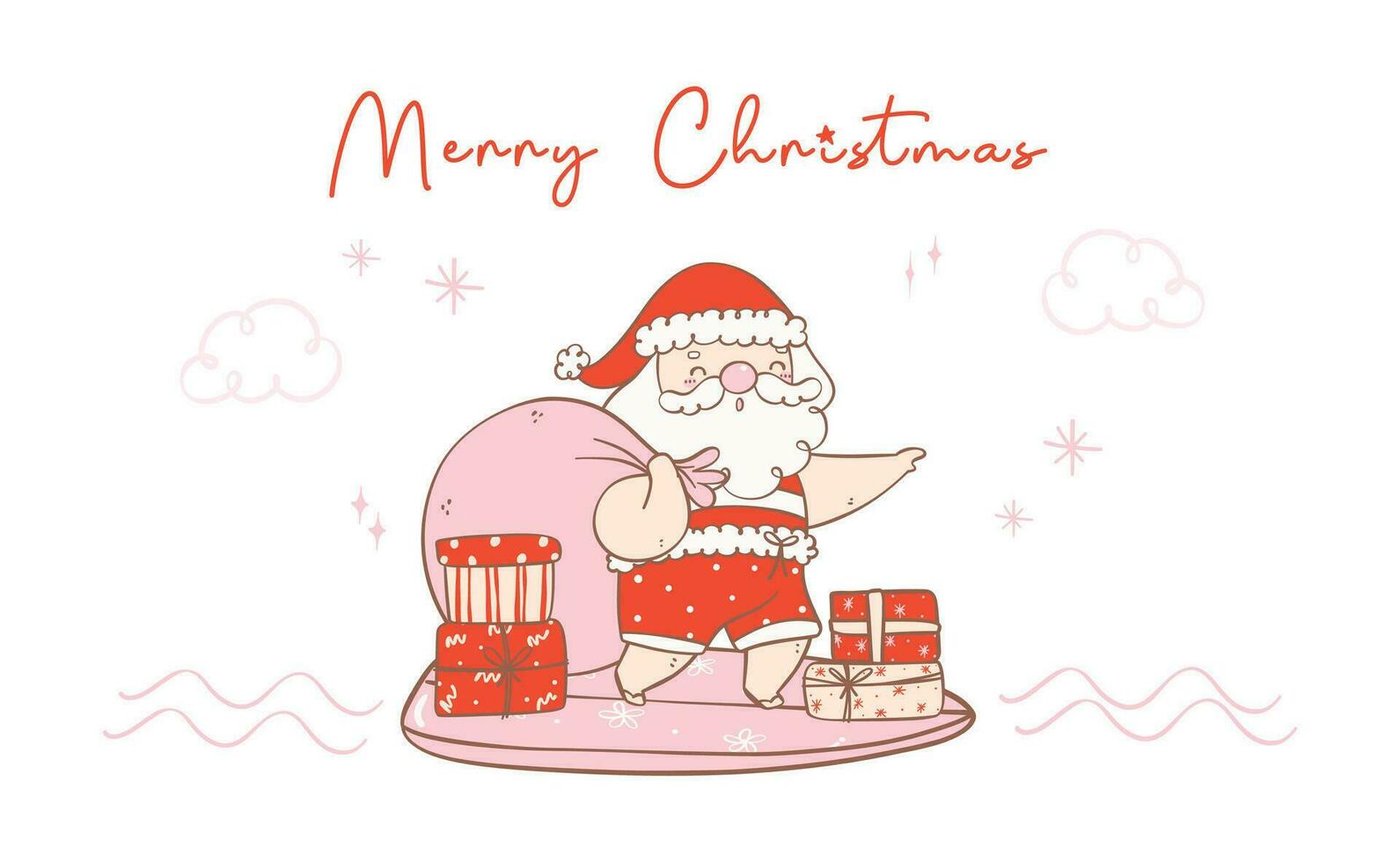 Cute summer christmas santa claus surfing with gifts. Kawaii Summer Christmas Holiday Cartoon doodle hand drawing. vector