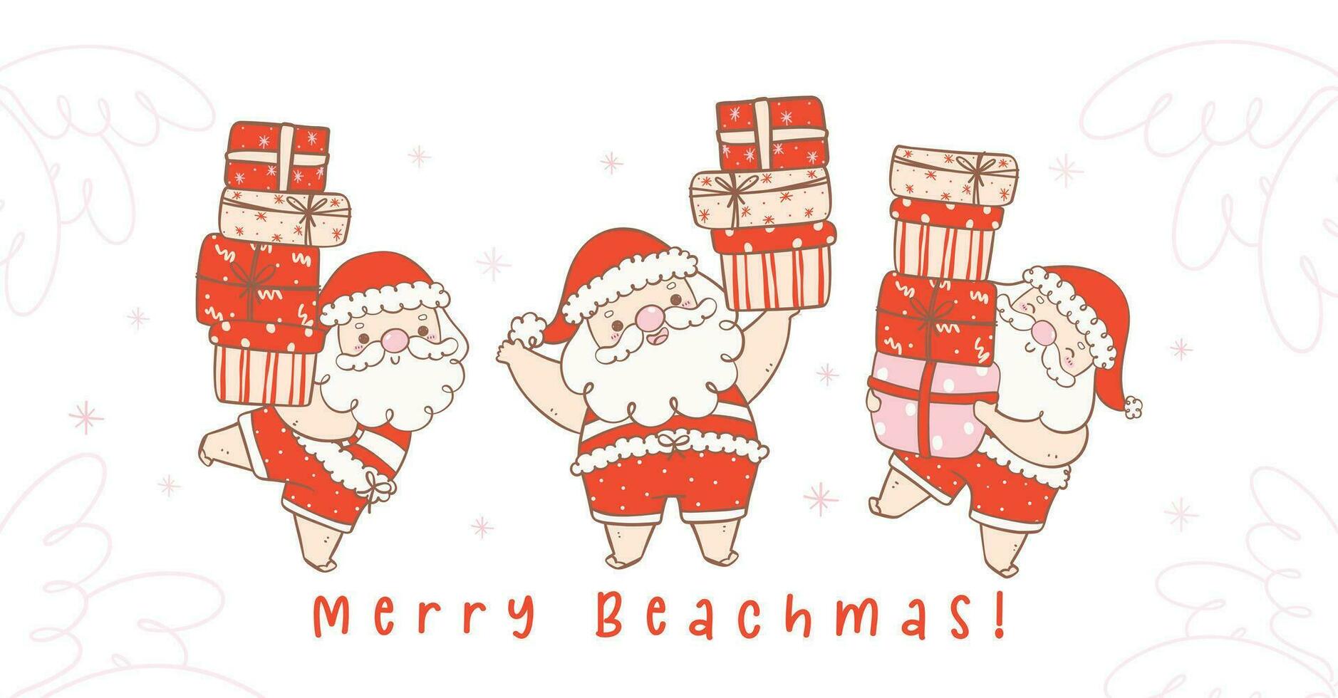 linda verano Navidad Papa Noel claus con regalos recopilación. kawaii verano Navidad fiesta dibujos animados garabatear mano dibujo bandera vector