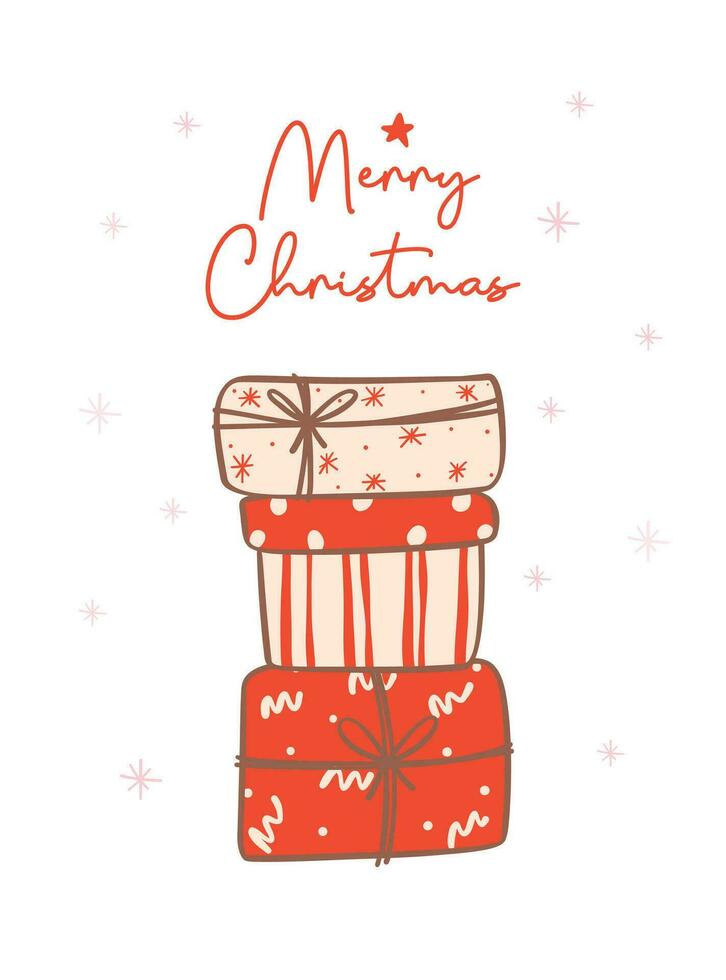Joyful Christmas with cute and kawaii doodle illustration a pile of gifts. Cute Kawaii Doodle Illustration vector