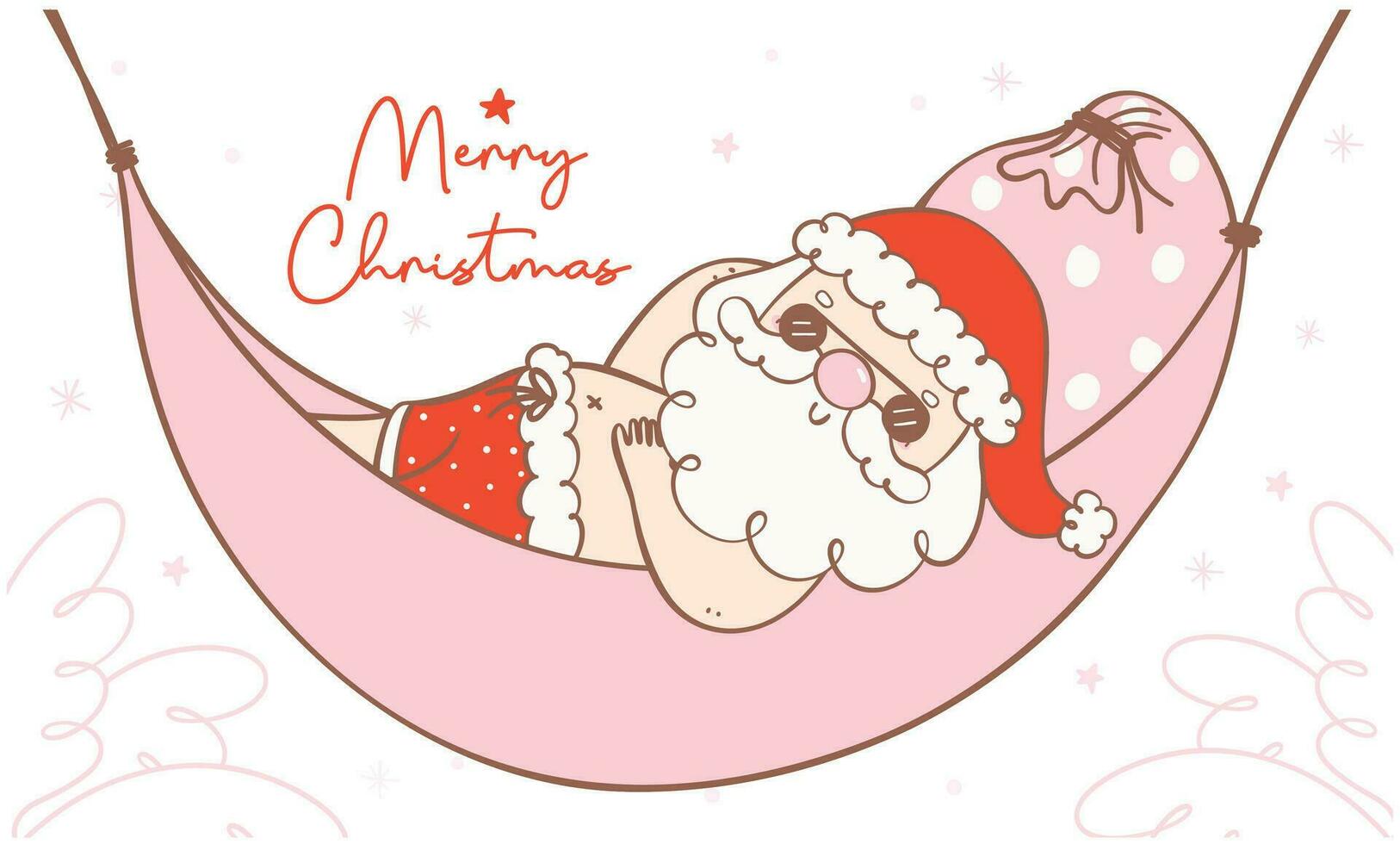 linda contento verano Navidad Papa Noel claus broncearse en hamaca. kawaii verano Navidad fiesta dibujos animados garabatear. alegre Navidad bandera vector