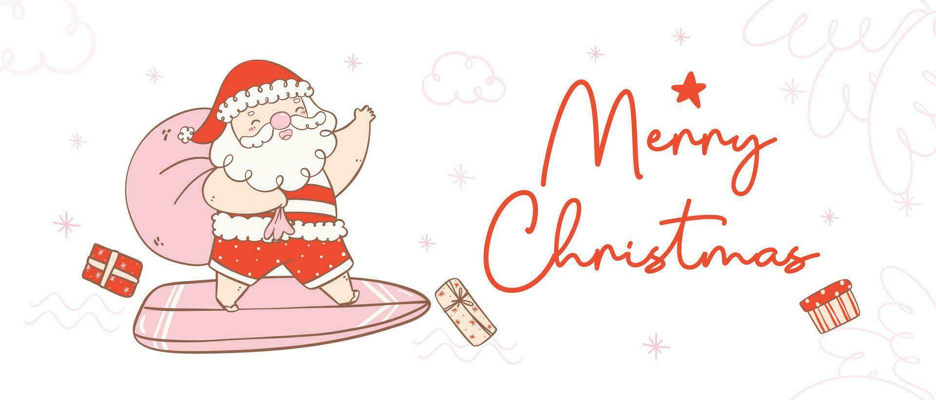 Cute summer christmas santa claus surfing with gifts. Kawaii Summer Christmas Holiday Cartoon doodle hand drawing banner vector