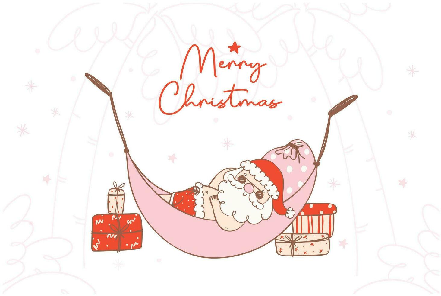 Cute summer christmas santa claus with gift on a hammock. Kawaii Summer Christmas Holiday Cartoon doodle. Merry Christmas banner vector