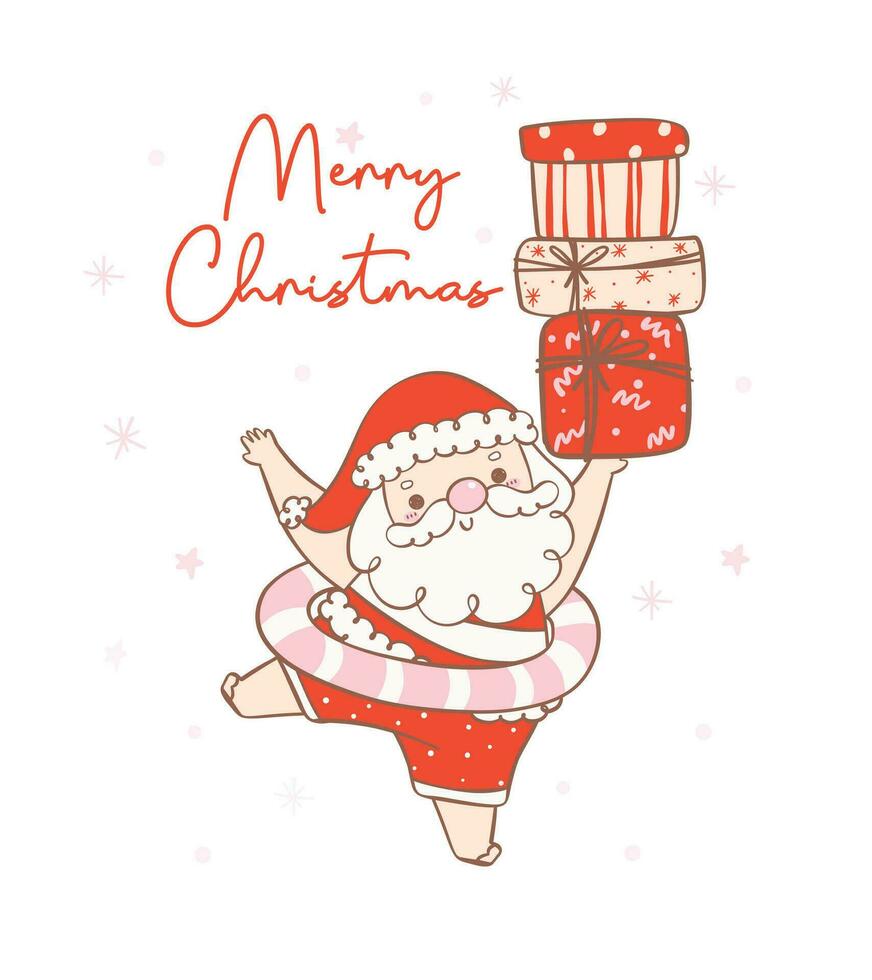 Cute summer christmas santa claus with stack gifts. Kawaii Summer Christmas Holiday Cartoon doodle. Merry Christmas vector
