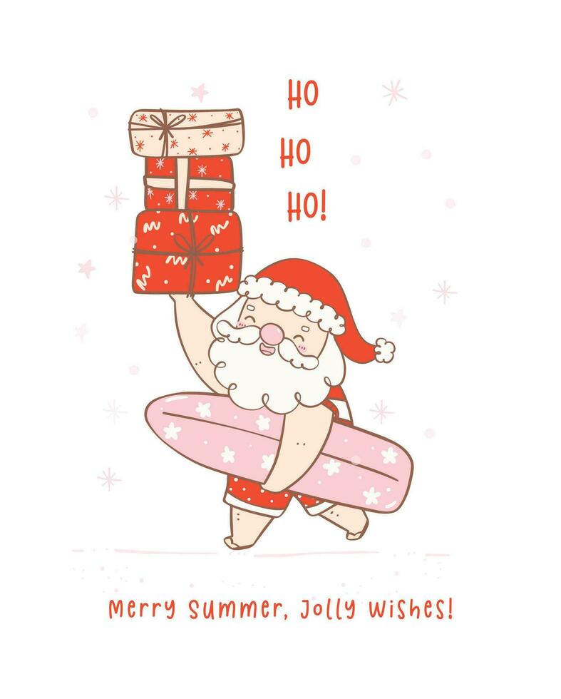 Cute summer christmas santa claus with surfboard and gifts. Kawaii Summer Christmas Holiday Cartoon doodle. vector