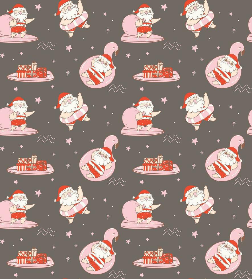 Cute Summer Santa Claus Christmas Doodle Pattern seamless on brown Background vector