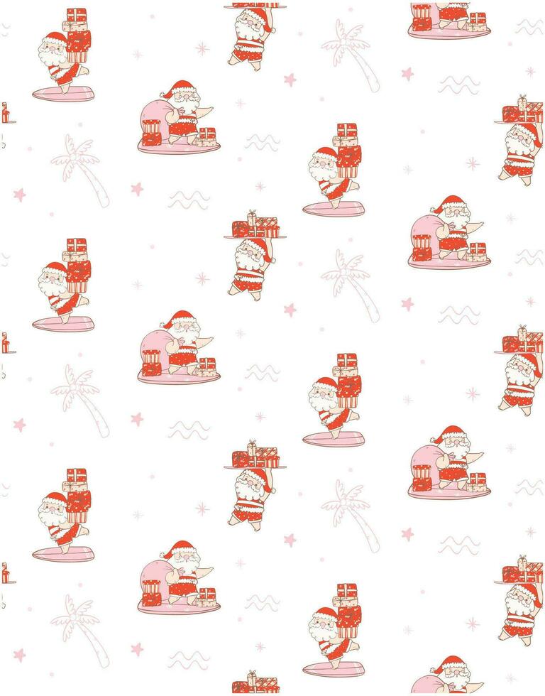 Summer Santa Claus Christmas on surfboard Doodle Pattern seamless on White Background vector