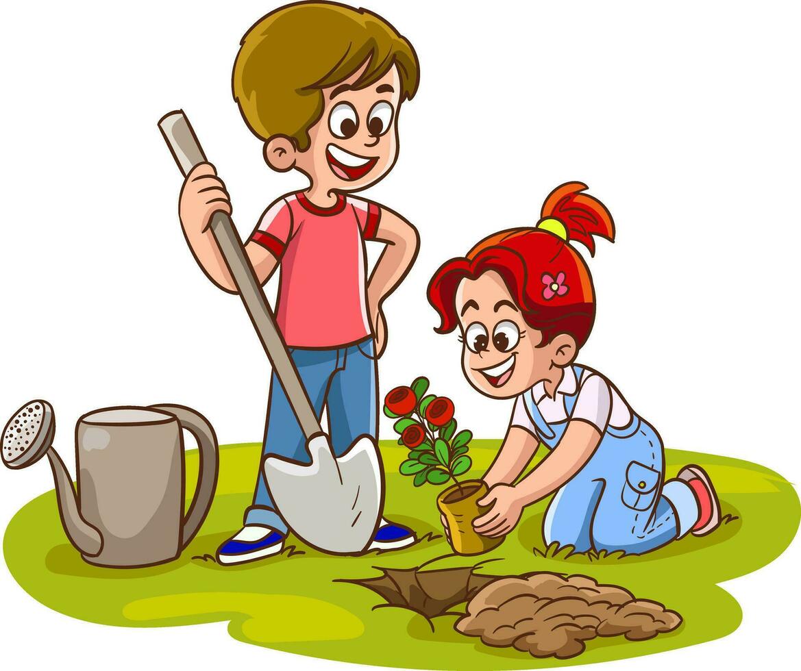 vector illustration of planting trees in the garden