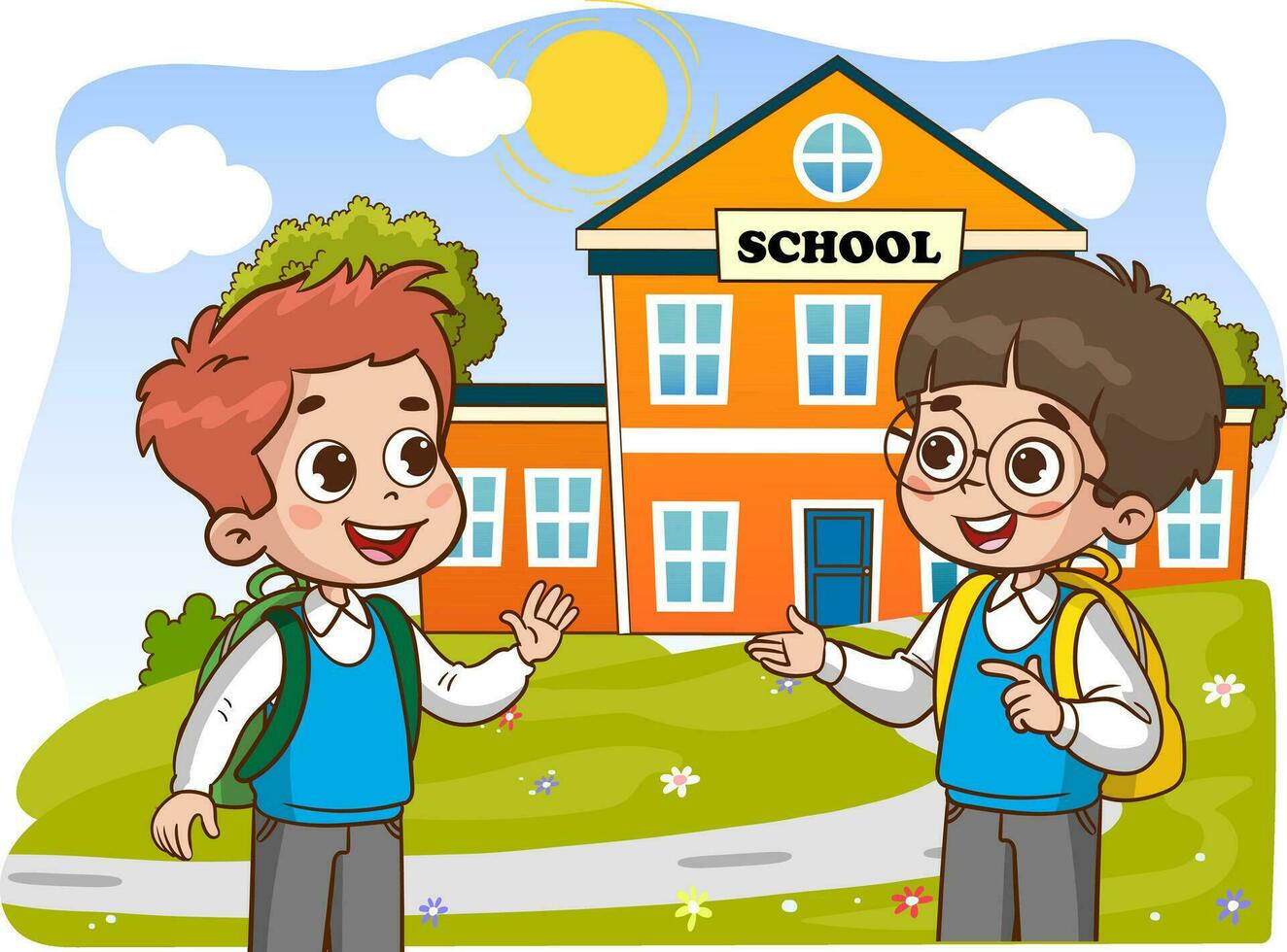 vector illustration of happy cute kids student talking