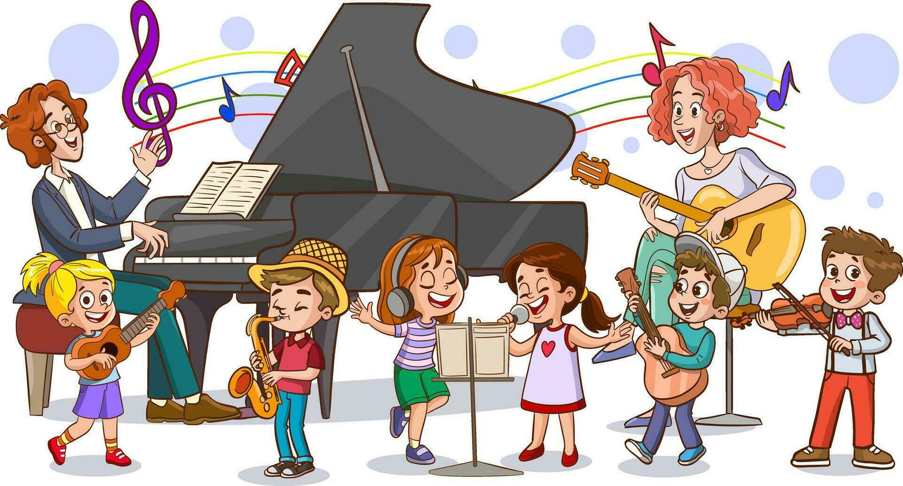 vector illustration of man playing piano and kids singing