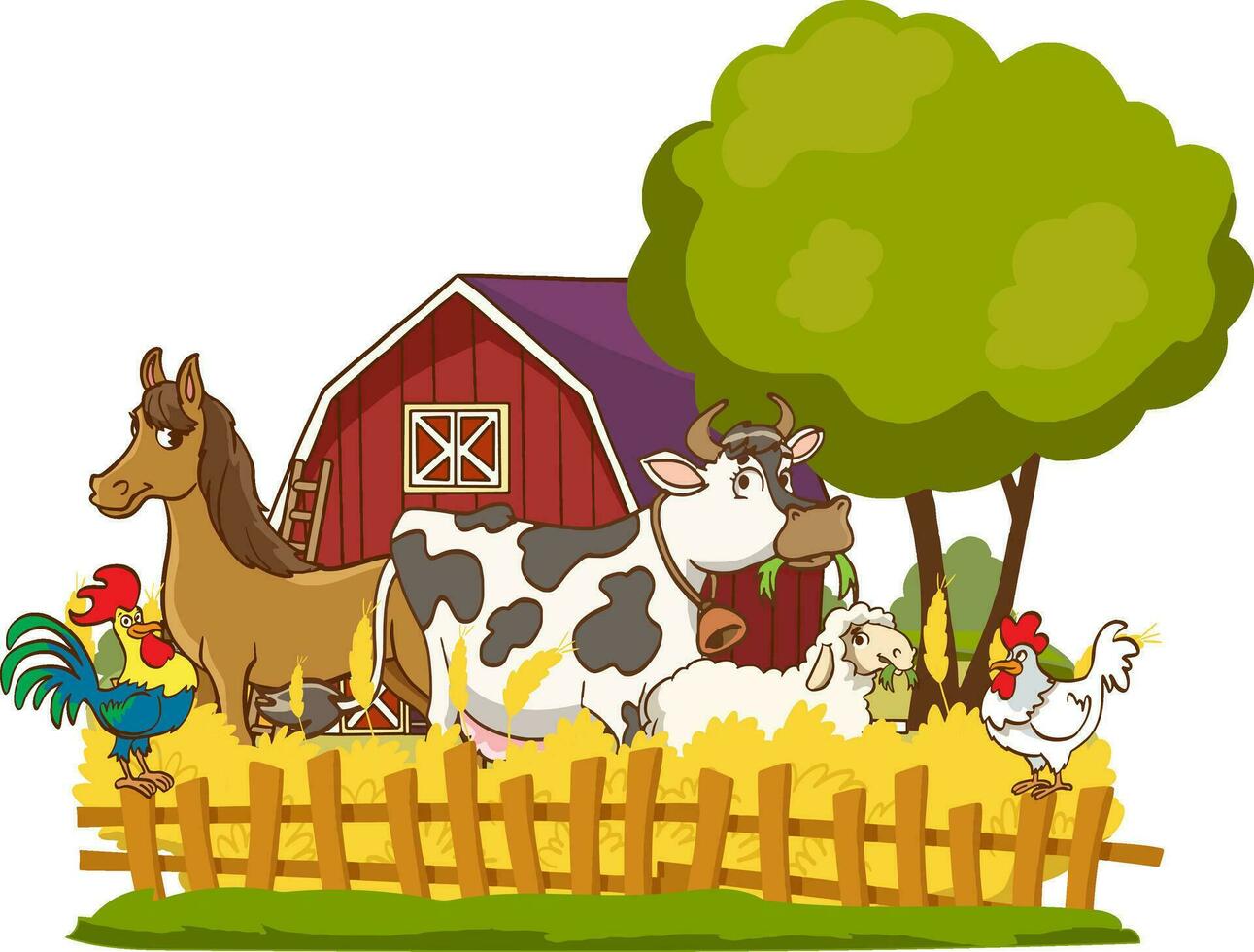 vector illustration of happy farmer family and farm animals