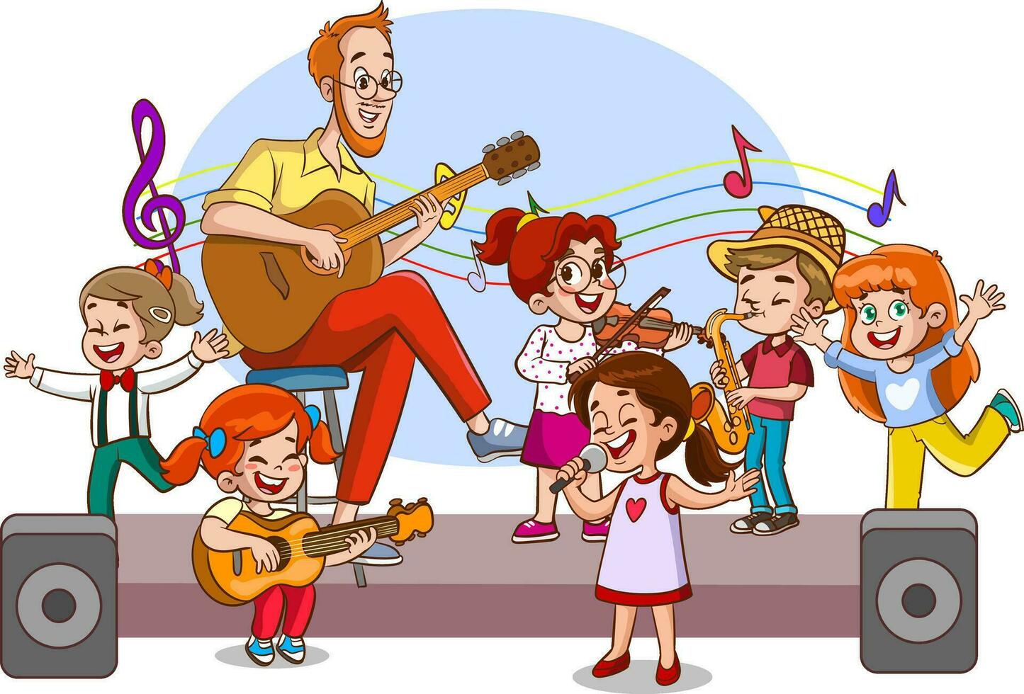 vector illustration of man playing guitar and singing kids