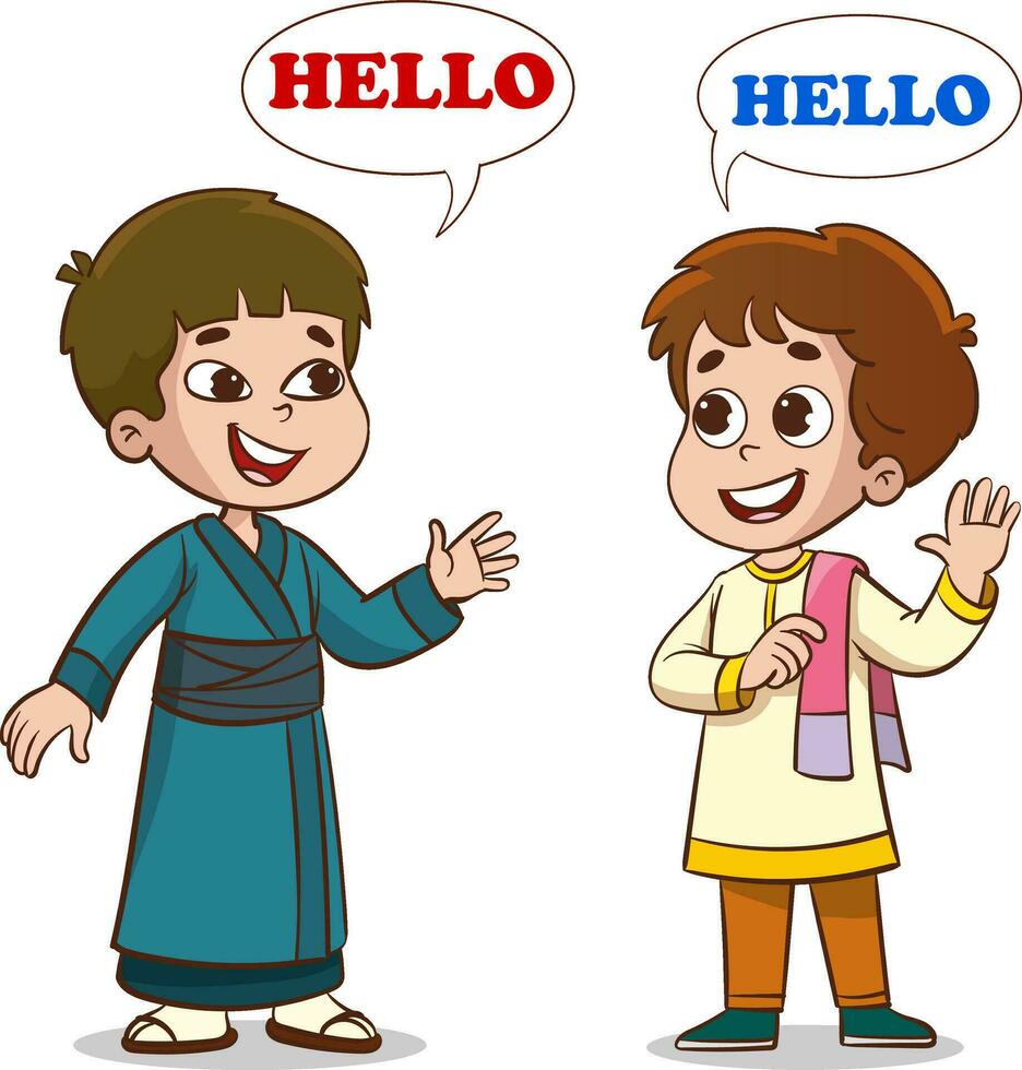 vector illustration of indian and japan kids hello