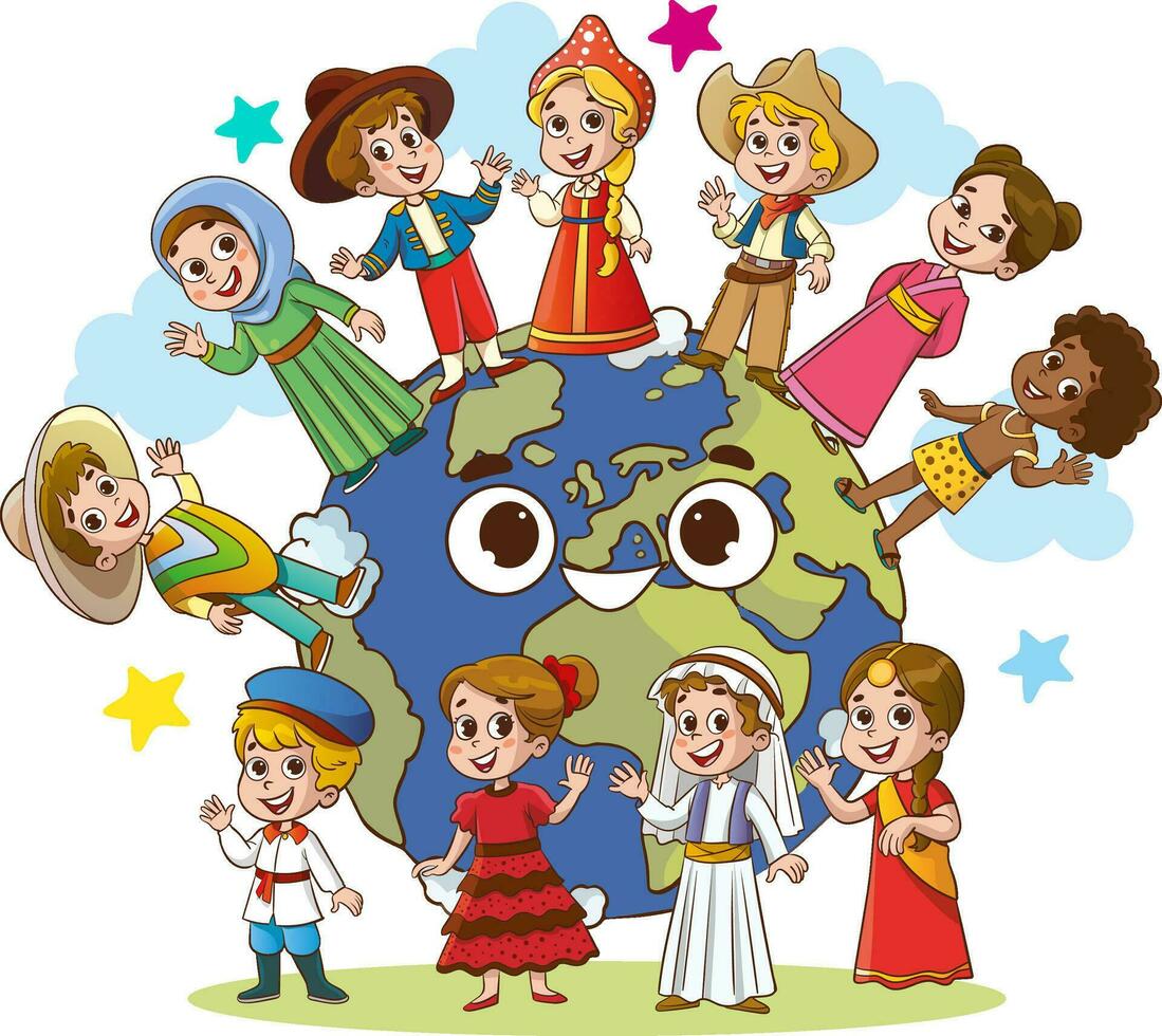 vector illustration of Circle Of Happy Children Different Races.multicultural kids and world.